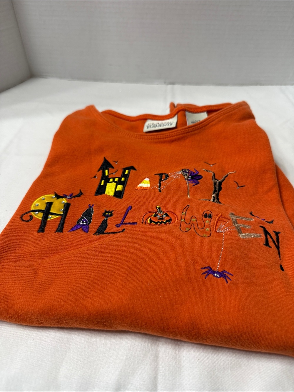 Vtg Happy Halloween Classic Elements Women’s Sz L Orange Tee Embroidered Graphic